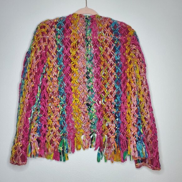 Sandy Starkman Jacket Size Small Women Pink Knotted Weave Fringe Boho India - Picture 2 of 12